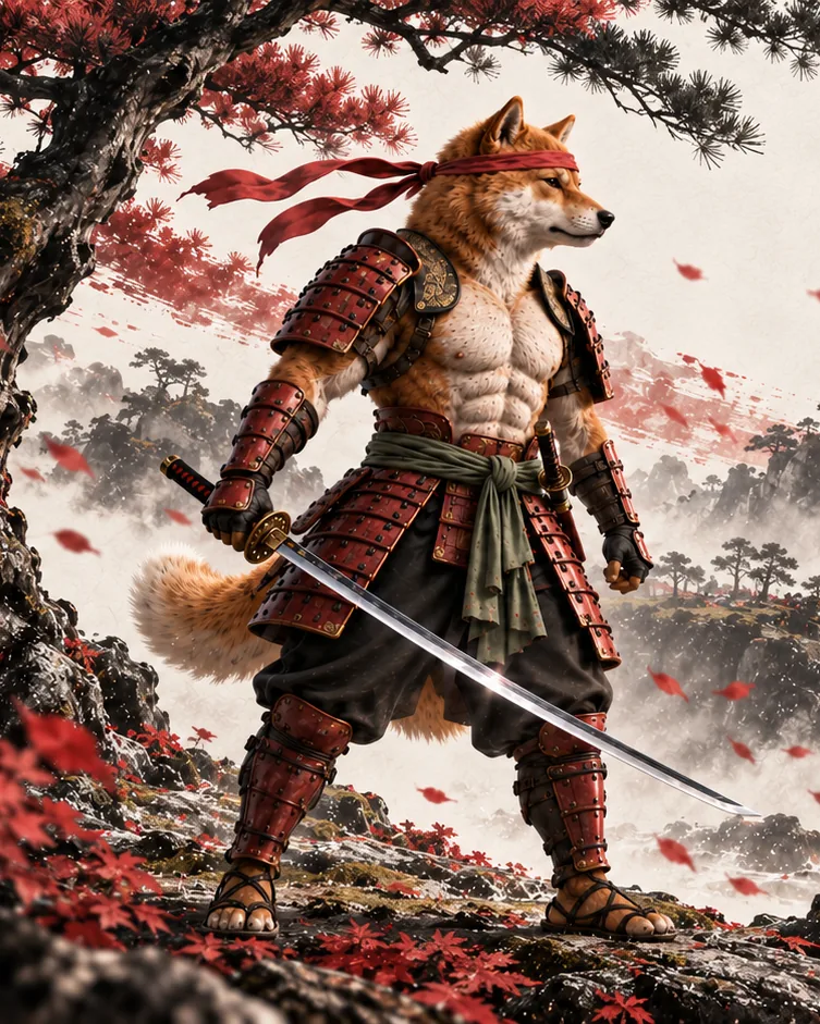 Shiba rōnin in red armour with katana